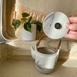 Vintage ceramic grey blue teapot wicker handle
